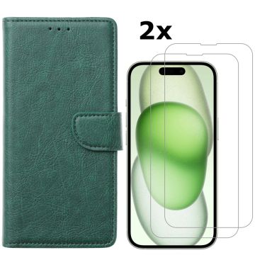 Hoesje Geschikt voor iPhone 15 hoesje bookcase met 2x screenprotector – Groen