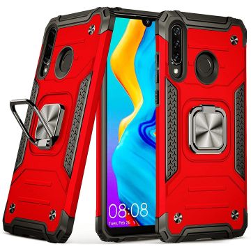 Huawei P30 Lite Hoesje - Heavy Duty Armor hoesje Rood - Huawei P30 Lite New Edition hoesje silicone TPU 360-Degree hybride hoesje Kickstand ringhouder met Magnetisch Auto Mount