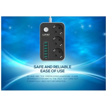 LDNIO Premium Stopcontact / Stekkerdoos / Oplaad Station met 6 USB Poorten 3.4A en 3 stekkers met aan en uit knop