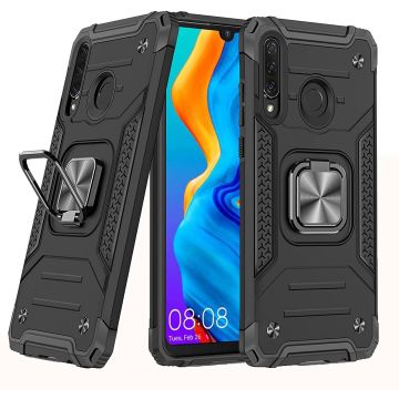 Huawei P30 Lite Hoesje - Heavy Duty Armor hoesje Zwart - Huawei P30 Lite New Edition hoesje silicone TPU 360-Degree hybride hoesje Kickstand ringhouder met Magnetisch Auto Mount
