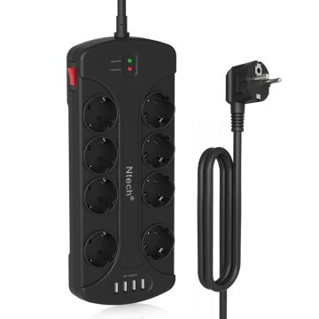 Stekkerdoos met USB poorten en schakelaar - 8 voudig - 4x USB Oplaadpoorten - 8x stopcontacten - 3.4 A - 1.5 meter snoer - met Beveiliging - Zwart