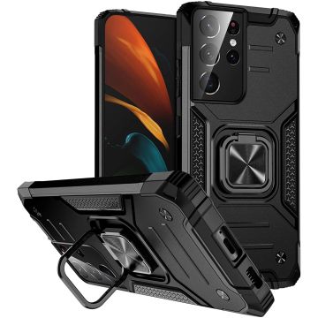 Samsung S21 Ultra Hoesje - Heavy Duty Armor hoesje Zwart - Galaxy S21 Ultra silicone TPU hybride hoesje Kickstand ringhouder met Magnetisch Auto Mount