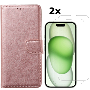 Hoesje Geschikt voor iPhone 15 hoesje bookcase met 2x screenprotector – Rosegoud