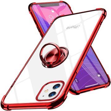 Hoesje Geschikt voor iPhone 11 Pro silicone - shock proof met Ringhouder – Transparant / Rood