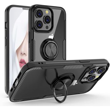 Hoesje Geschikt voor iPhone 13 Pro hoesje - Luxe Back Hoesje Geschikt voor iPhone 13 Pro case met Metalen Ring houder - Zwart