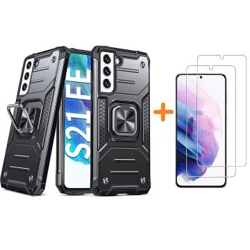 Samsung S21 FE Hoesje Heavy Duty Armor Hoesje Zwart - Galaxy S21 FE Case Kickstand Ring cover met Magnetisch Auto Mount- Samsung S21 FE screenprotector 2 pack