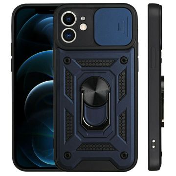 Hoesje Geschikt voor iPhone 13 Mini Hoesje met Camera Bescherming Blauw – met ring houder Rugged Armor Back Cover - Case - Camera Schuif