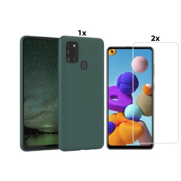 Samsung Galaxy A21s Hoesje Soft Nano Silicone Backcover Gel Donkergroen Met 2x Glazen Screenprotector
