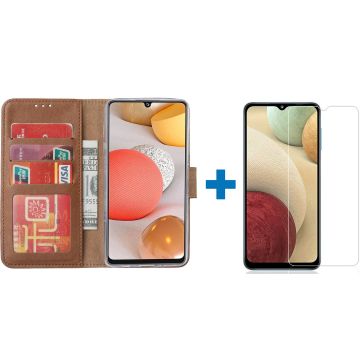Samsung a12 hoesje bookcase Bruin - Samsung galaxy a12 hoesje - 1x Samsung a12 screenprotector screen protector