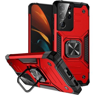 Samsung S21 Ultra Hoesje - Heavy Duty Armor hoesje Rood - Galaxy S21 Ultra silicone TPU hybride hoesje Kickstand ringhouder met Magnetisch Auto Mount