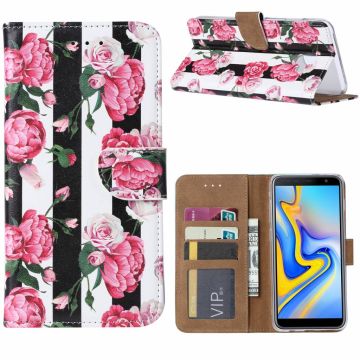 Ntech Samsung Galaxy J6+ Plus (2018) Vintage Roses & Stripes Boek hoesje met Pasjesruimte