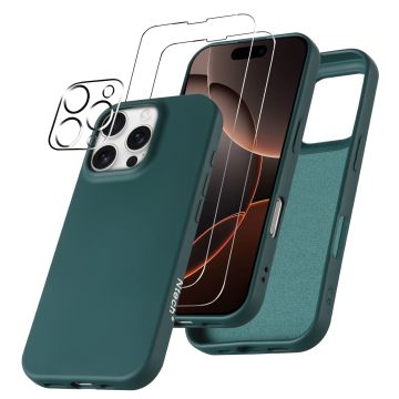 Hoesje Geschikt voor iPhone 16 Pro Max – Zacht siliconen liquid backcover met 2x screenprotectors gehard glas en 1x lens protector – Pine Groen
