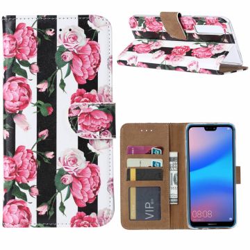 Ntech Huawei P30 Vintage Roses & Stripes Boek hoesje met Pasjesruimte