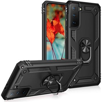 Samsung S21 Hoesje - Samsung Galaxy S21 armor case Ring houder TPU backcover met Ring houder / Ring vinger houder / standaard - Zwart