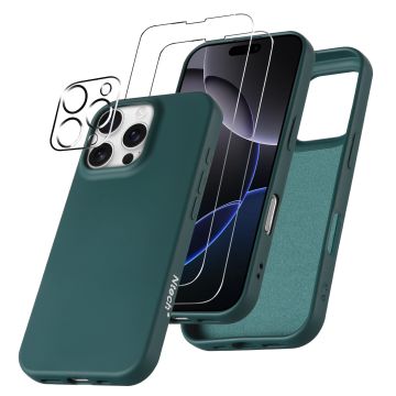 Hoesje Geschikt voor iPhone 16 Pro – Zacht siliconen liquid backcover met 2x screenprotectors gehard glas en 1x lens protector – Pine Groen