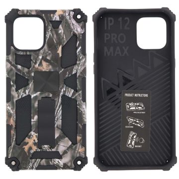 Hoesje Geschikt voor iPhone 12 Pro Max Hoesje - Rugged Extreme Backcover Takjes Camouflage met Kickstand - Grijs