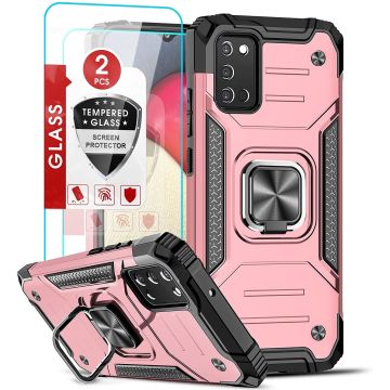 Samsung A03s Hoesje Heavy Duty Armor Hoesje Rose Goud - Galaxy A03S Case Kickstand Ring cover met Magnetisch Auto Mount- Samsung A03S screenprotector 2 pack