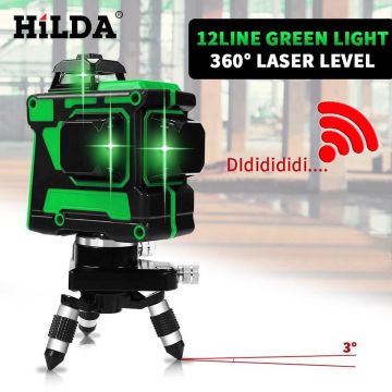 Hilda Zelfnivellerende Kruislijnlaser met 12 Lijnen - Inclusief Muurbeugel en 360 Graden Statief- Groene Lasers - Waterproof - laserwaterpas - Met Opbergtas