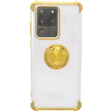 Samsung Galaxy S20 Plus hoesje silicone met ringhouder Back Cover Case - Transparant/Goud