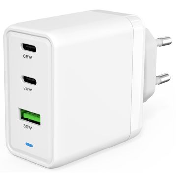 USB C Adapter 65W oplader - Snellader - met 1x USB A en 2x USB C poorten - Universeel - Wit