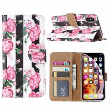 Ntech hoesje Geschikt voor iPhone X / XS Vintage Roses & Stripes Boek hoesje met Pasjesruimte