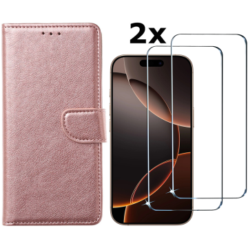 Hoesje Geschikt voor iPhone 16 Pro Max hoesje bookcase met 2 stuks screenprotectors – Rosegoud