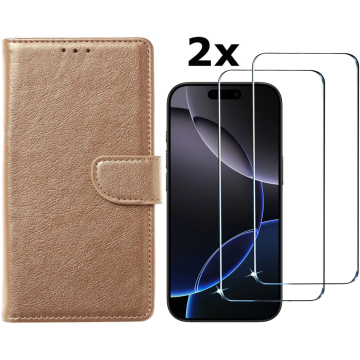 Hoesje Geschikt voor iPhone 16 Pro hoesje bookcase met 2 stuks screenprotectors – Goud