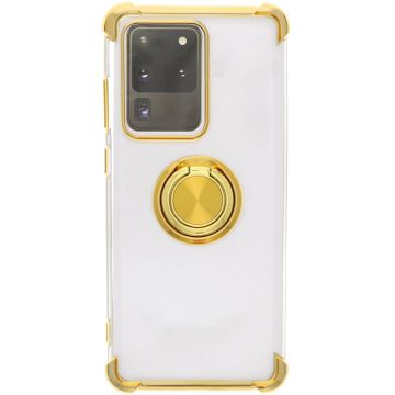Samsung Galaxy S20 hoesje silicone met ringhouder Back Cover Case - Transparant/Goud