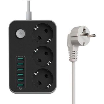Durata stopcontact Premium Stekkerdoos - 6 USB uitgangen voor tablet en telefoon en 3 stopcontacten - 1.60m Snoer - wandcontactdoos Aan-en uit schakelaar