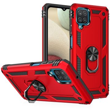 Samsung A12 Hoesje - Galaxy A12 Rood hoesje Anti-Shock Hybrid Armor case Ring houder TPU backcover met kickstand