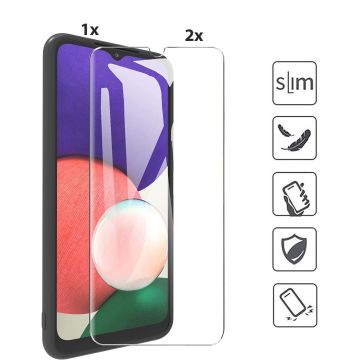 Samsung Galaxy A22 5G Hoesje Soft Nano Silicone Backcover Gel Zwart Met 2x Glazen Screenprotector