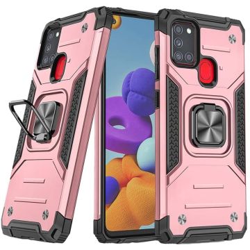 Samsung A21S Hoesje - Heavy Duty Armor hoesje Rose Goud - Galaxy A21s silicone TPU hybride hoesje Kickstand ringhouder met Magnetisch Auto Mount