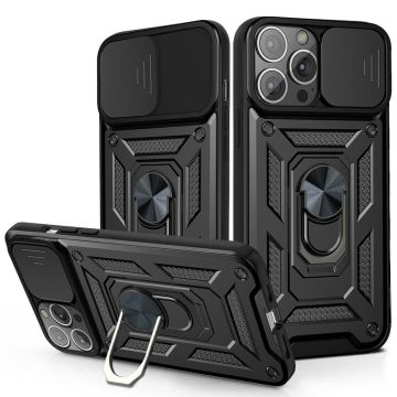 Hoesje Geschikt voor iPhone 13 Pro Max Hoesje met Camera Bescherming Zwart - Hoesje Geschikt voor iPhone 13 Pro Max met ring houder Rugged Armor Back Cover - Case - Camera Schuif