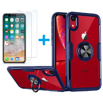 Hoesje Geschikt voor iPhone Xr hoesje Luxe carbon TPU Backcover Met Metalen Ring Houder - Blauw met 2 pack screenprotector