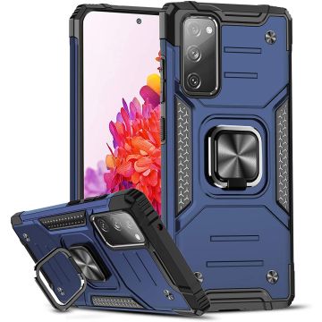 Samsung S20 FE Hoesje - Heavy Duty Armor hoesje Blauw - Galaxy S20 FE silicone TPU hybride hoesje Kickstand ringhouder met Magnetisch Auto Mount