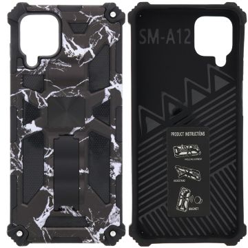 Samsung Galaxy A12 (5G) Hoesje - Rugged Extreme Backcover Marmer Camouflage met Kickstand – Zwart