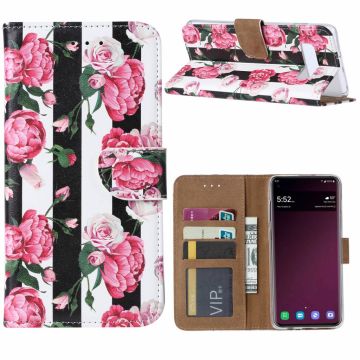 Ntech Samsung Galaxy S10+ Plus Vintage Roses & Stripes Boek hoesje met Pasjesruimte