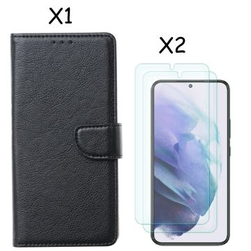 Samsung S22 hoesje Zwart Samsung Galaxy S22 5G hoesje bookcase portemonnee cover - Samsung hoesje S22 - Samsung S22 screenprotector / 2X Beschermglas