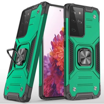Samsung S21 Ultra Hoesje - Heavy Duty Armor hoesje Groen - Galaxy S21 Ultra silicone TPU hybride hoesje Kickstand ringhouder met Magnetisch Auto Mount