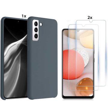 Samsung Galaxy S21 Hoesje Soft Nano Silicone Backcover Gel Grijs Met 2x Glazen Screenprotector