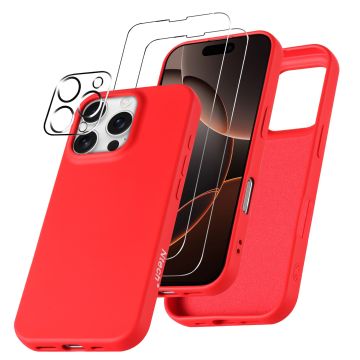 Hoesje Geschikt voor iPhone 16 Pro Max – Zacht siliconen liquid backcover met 2x screenprotectors gehard glas en 1x lens protector – Rood