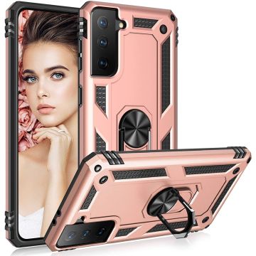 Samsung S21 Plus Hoesje - Samsung Galaxy S21 Plus armor case met Ring houder / Ring vinger houder / standaard - Rose Goud
