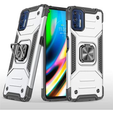 Motorola G9 Plus Hoesje Heavy Duty Armor Hoesje Zliver - Motorola G9 Plus Case Kickstand Ring cover met Magnetisch Auto Mount