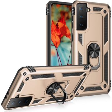 Samsung S21 Hoesje - Samsung Galaxy S21 armor case Ring houder TPU backcover met Ring houder / Ring vinger houder / standaard - Goud