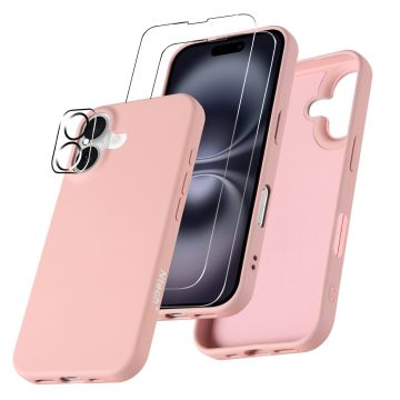 Hoesje Geschikt voor iPhone 16 Plus – Zacht siliconen liquid backcover met 2x screenprotectors gehard glas en 1x lens protector – Zand