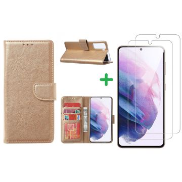 Samsung S21 hoesje bookcase Goud - Samsung Galaxy s21 hoesje bookcase wallet case portemonnee book case hoes cover hoesjes met 2 stuks Screenprotector