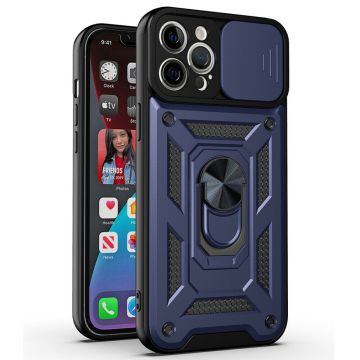 Hoesje Geschikt voor iPhone 13 pro Hoesje met Camera Bescherming Blauw – met ring houder Rugged Armor Back Cover - Case - Camera Schuif