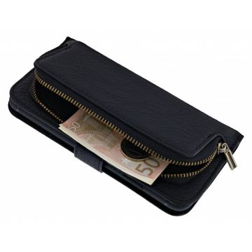 iPhone X / Xs Boek Hoesje met Rits & Lusje & Pasjesruimte Magneetflapje Zwart