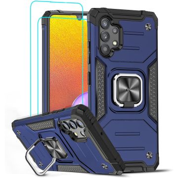 Samsung Galaxy A32 4G Hoesje Heavy Duty Armor Hoesje Blauw - Galaxy A32 4G Case Kickstand Ring cover met Magnetisch Auto Mount- Samsung A32 4G screenprotector 2 pack