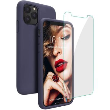 Hoesje Geschikt voor iPhone 12 / 12 Pro hoesje - Soft Nano siliconen Gel Rubber backcover Navy met 1X Glazen screenprotector